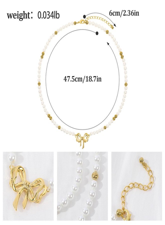 MOONWALTZ Pearl Choker Necklace for Women 14K Gold Plated Bow Necklace Elegant Bowknot Charm Pearl Necklace Gold Ball Beaded Bow Knot Ribbon Choker Necklace Summer Trendy Y2K Party Jewelry Gift for Women - Image 2